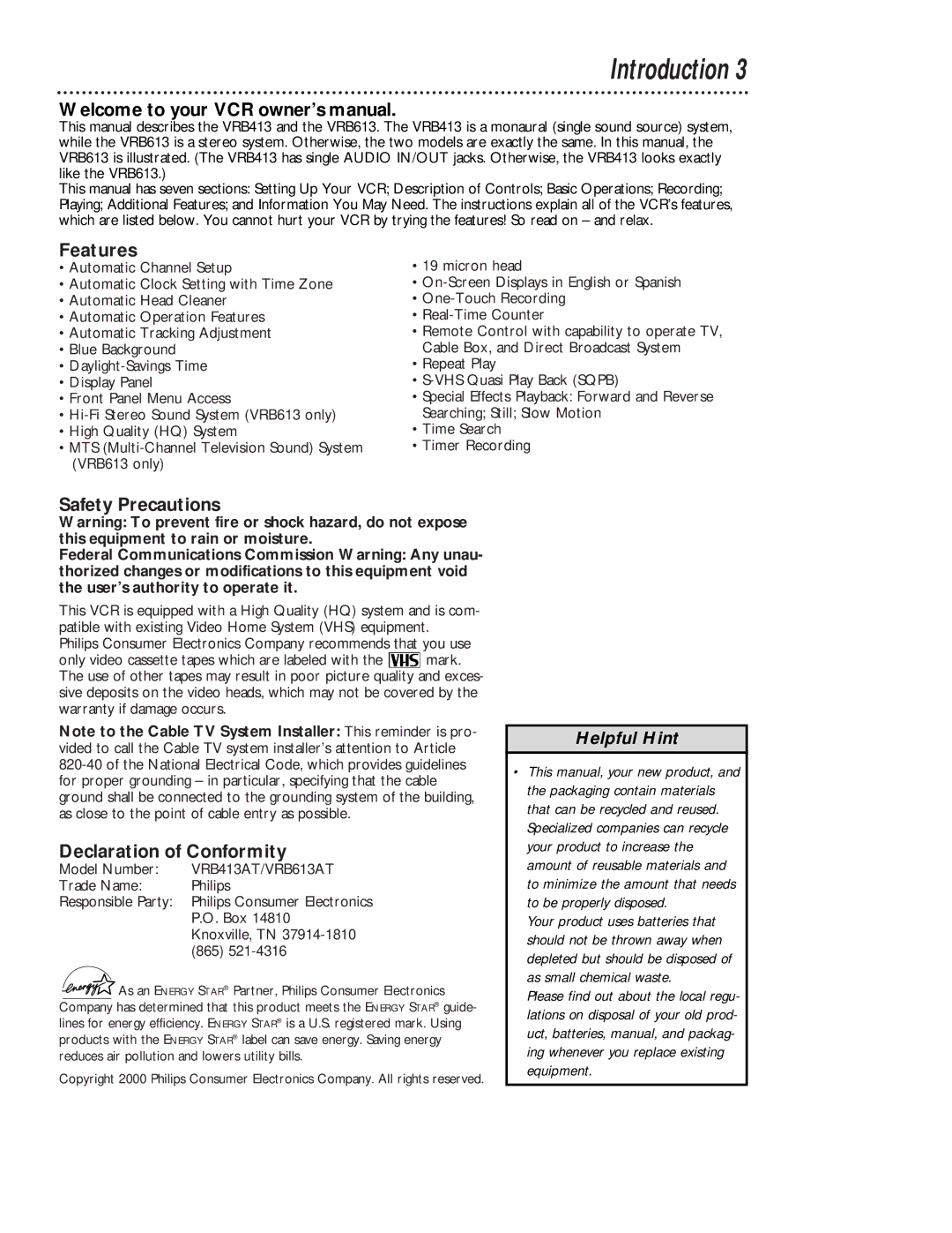 Magnavox VRB413AT, VRB613AT owner manual Introduction, Features, Safety Precautions, Declaration of Conformity 