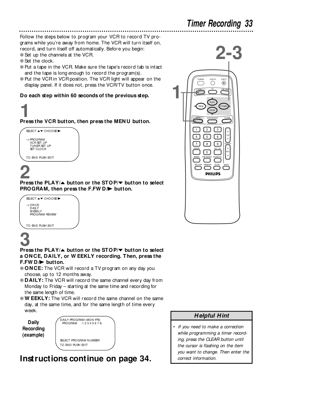 Magnavox VRB413AT, VRB613AT owner manual Timer Recording, Daily 