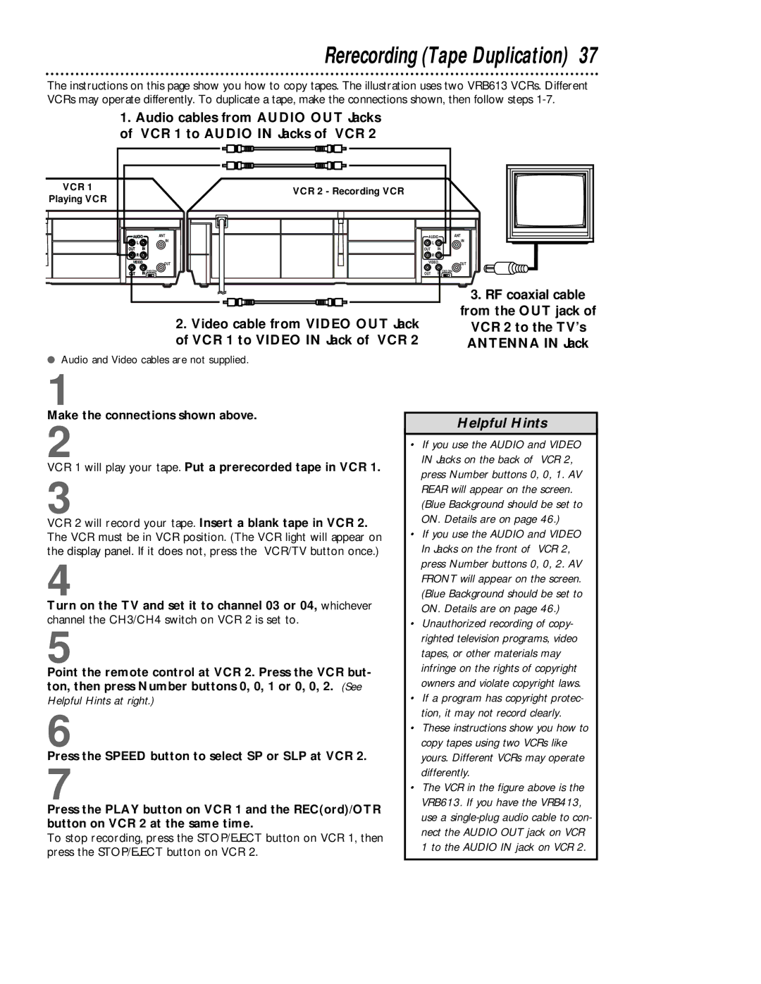 Magnavox VRB413AT, VRB613AT owner manual Rerecording Tape Duplication, RF coaxial cable 