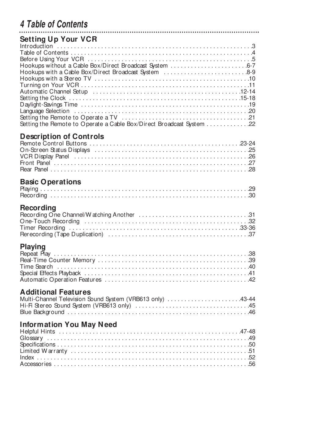 Magnavox VRB613AT, VRB413AT owner manual Table of Contents 