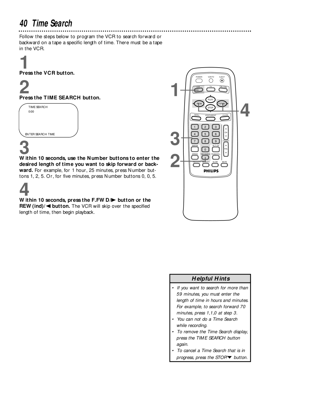 Magnavox VRB613AT, VRB413AT owner manual Press the VCR button Press the Time Search button 