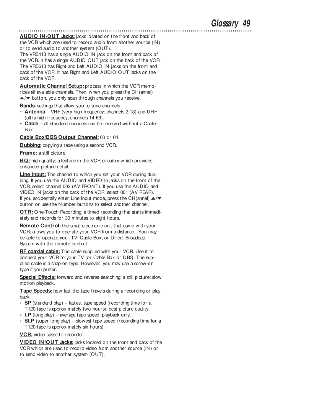 Magnavox VRB413AT, VRB613AT owner manual Glossary, Cable Box/DBS Output Channel 03 or 