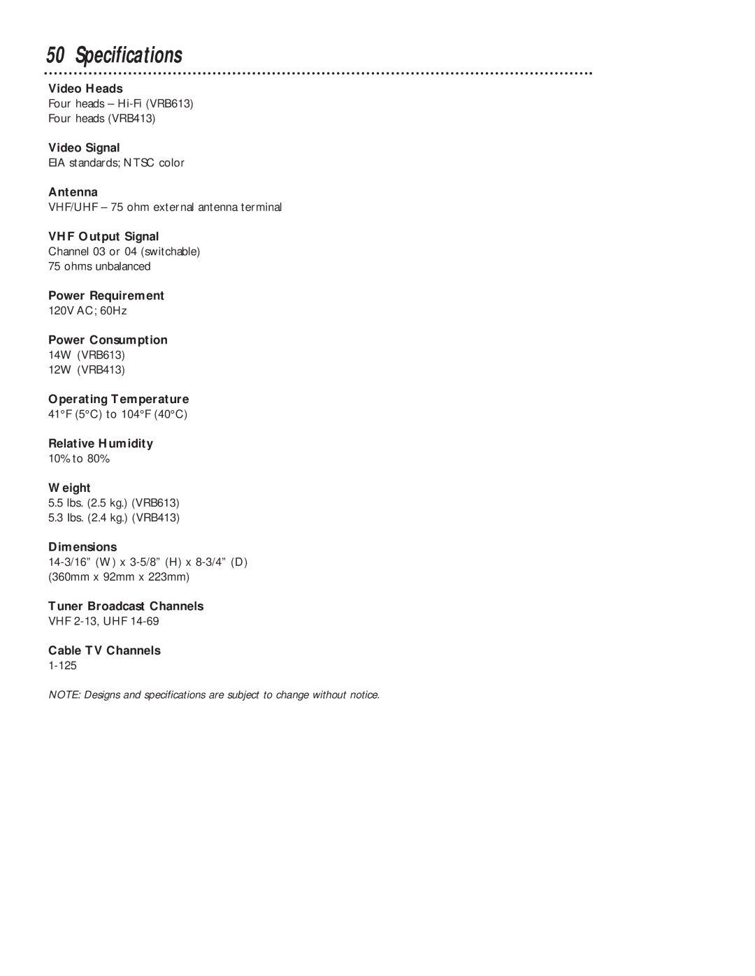 Magnavox VRB613AT, VRB413AT owner manual Specifications 