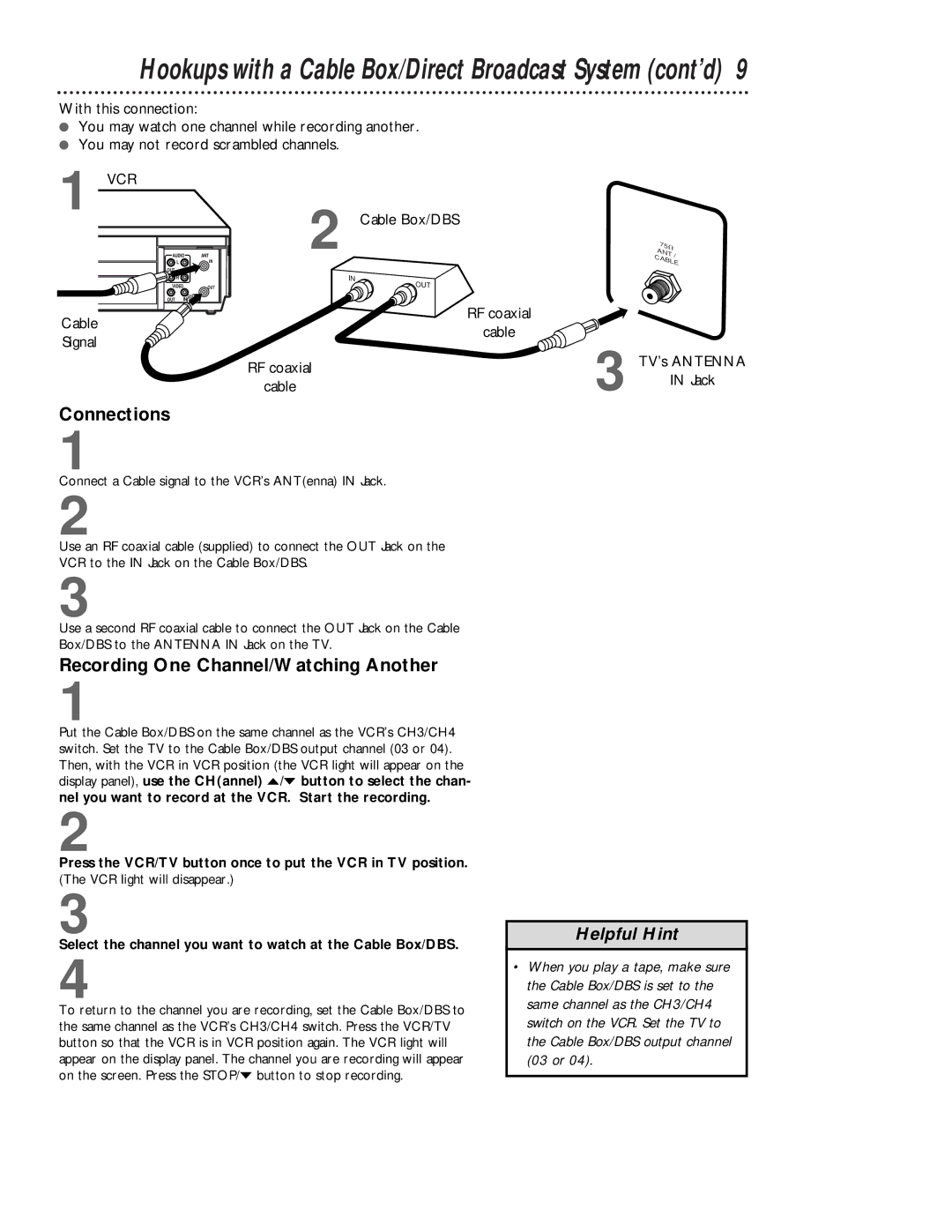 Magnavox VRB413AT, VRB613AT owner manual Recording One Channel/Watching Another, Cable Signal Cable Box/DBS, TV’s Antenna 