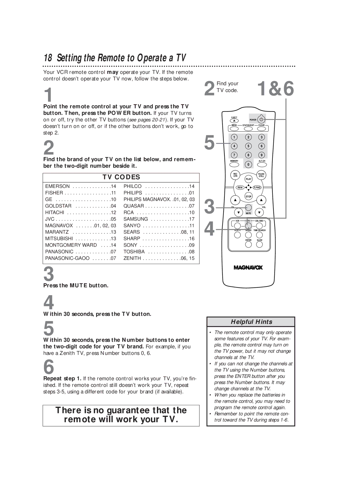 Magnavox VRC602M owner manual Setting the Remote to Operate a TV, 2TV code Find your 