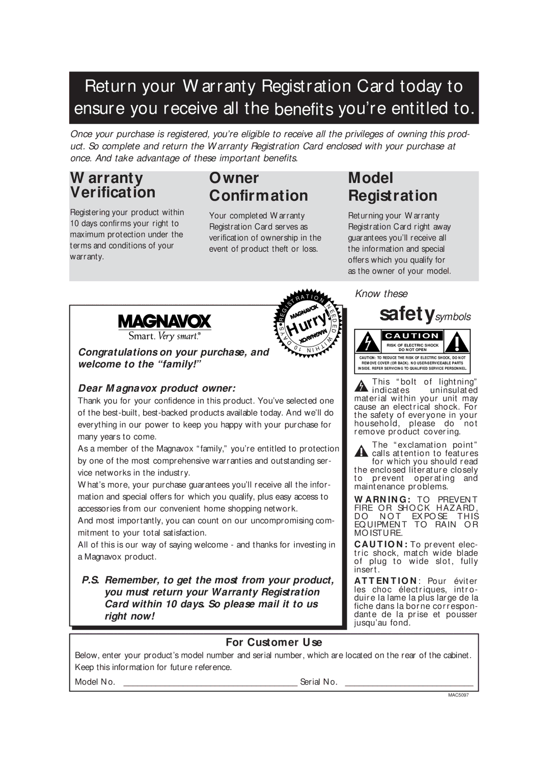 Magnavox VRC602M owner manual Warranty Verification, For Customer Use 