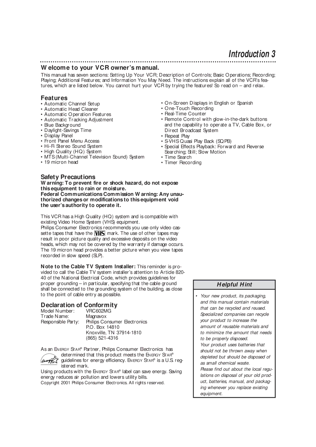 Magnavox VRC602M owner manual Introduction, Features, Safety Precautions, Declaration of Conformity 