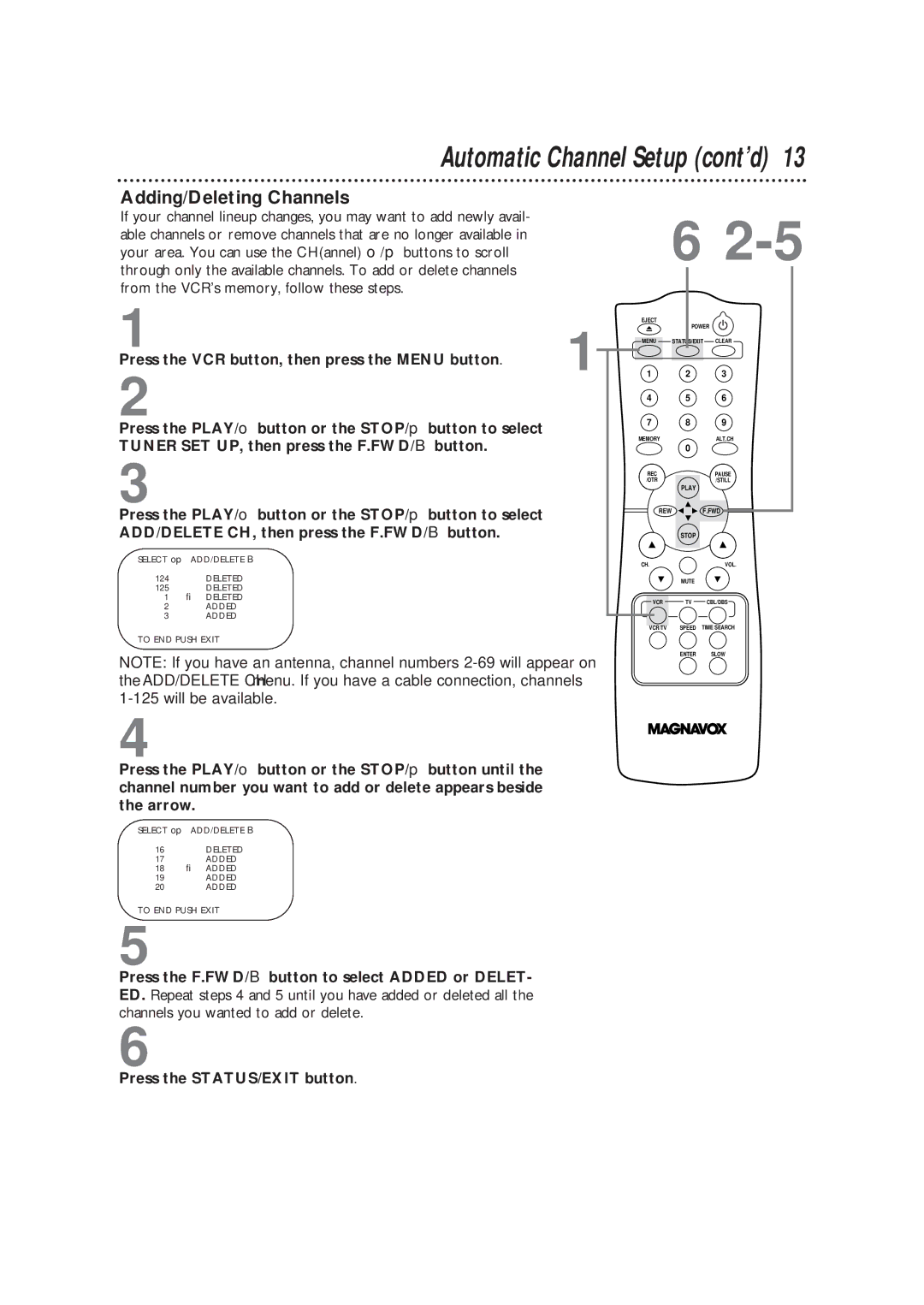 Magnavox VRC602MG owner manual Automatic Channel Setup cont’d, Adding/Deleting Channels 