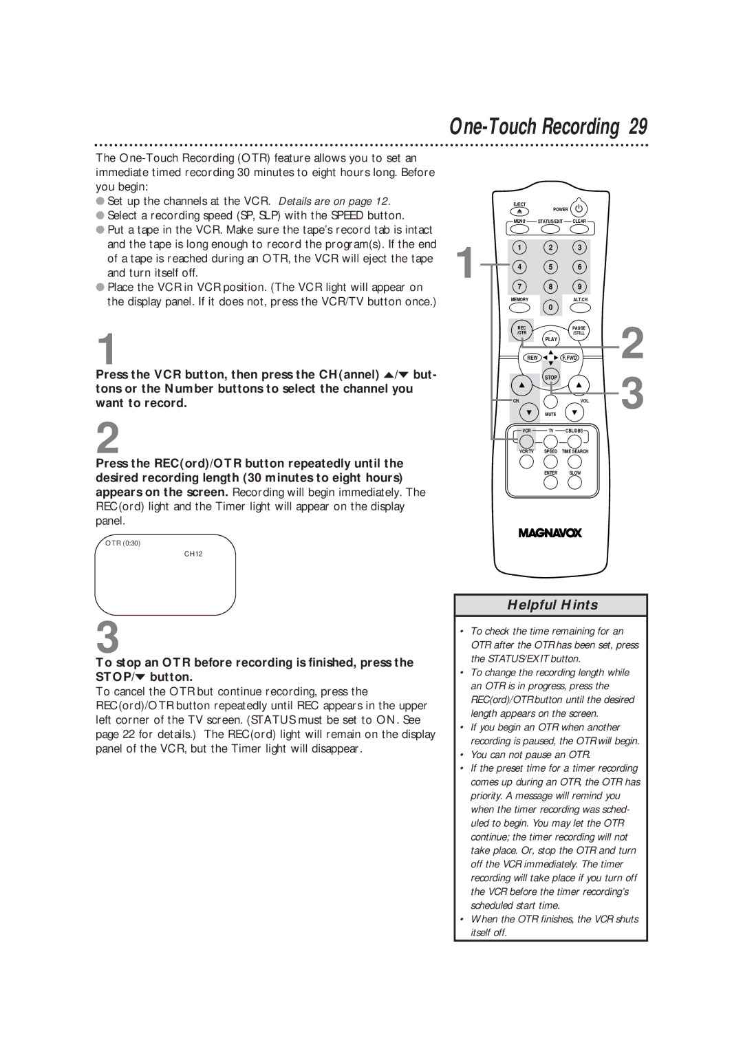 Magnavox VRC602MG owner manual One-Touch Recording 