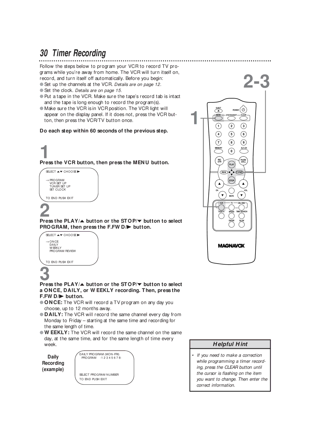 Magnavox VRC602MG owner manual Timer Recording, Daily 