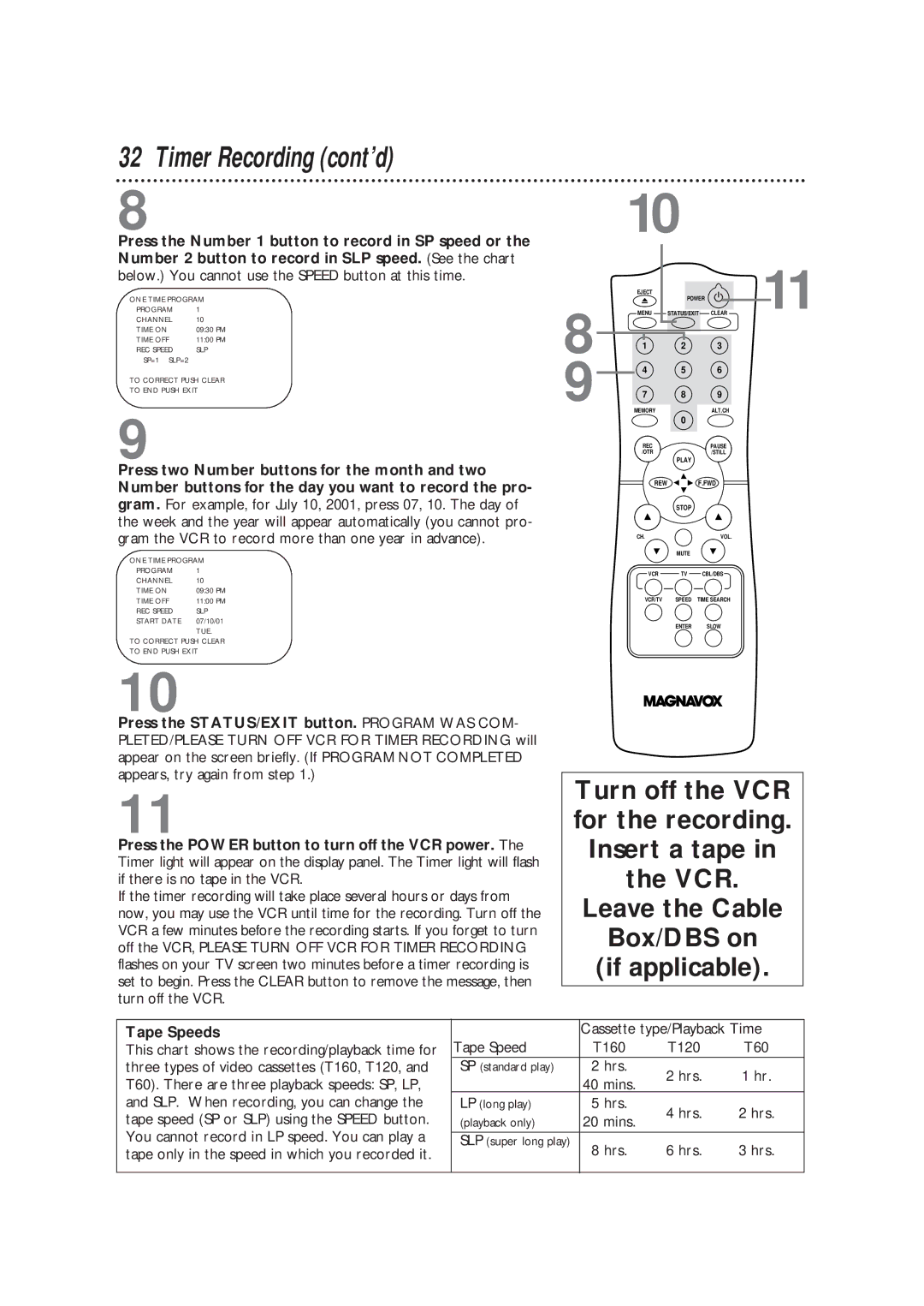 Magnavox VRC602MG owner manual Timer Recording cont’d, Tape Speeds 