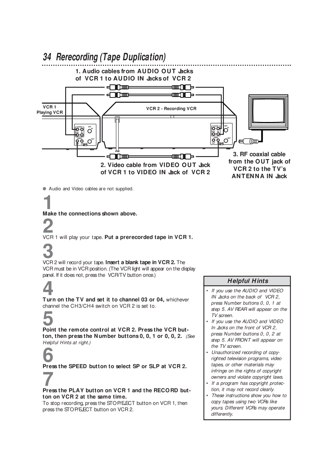 Magnavox VRC602MG owner manual Rerecording Tape Duplication 