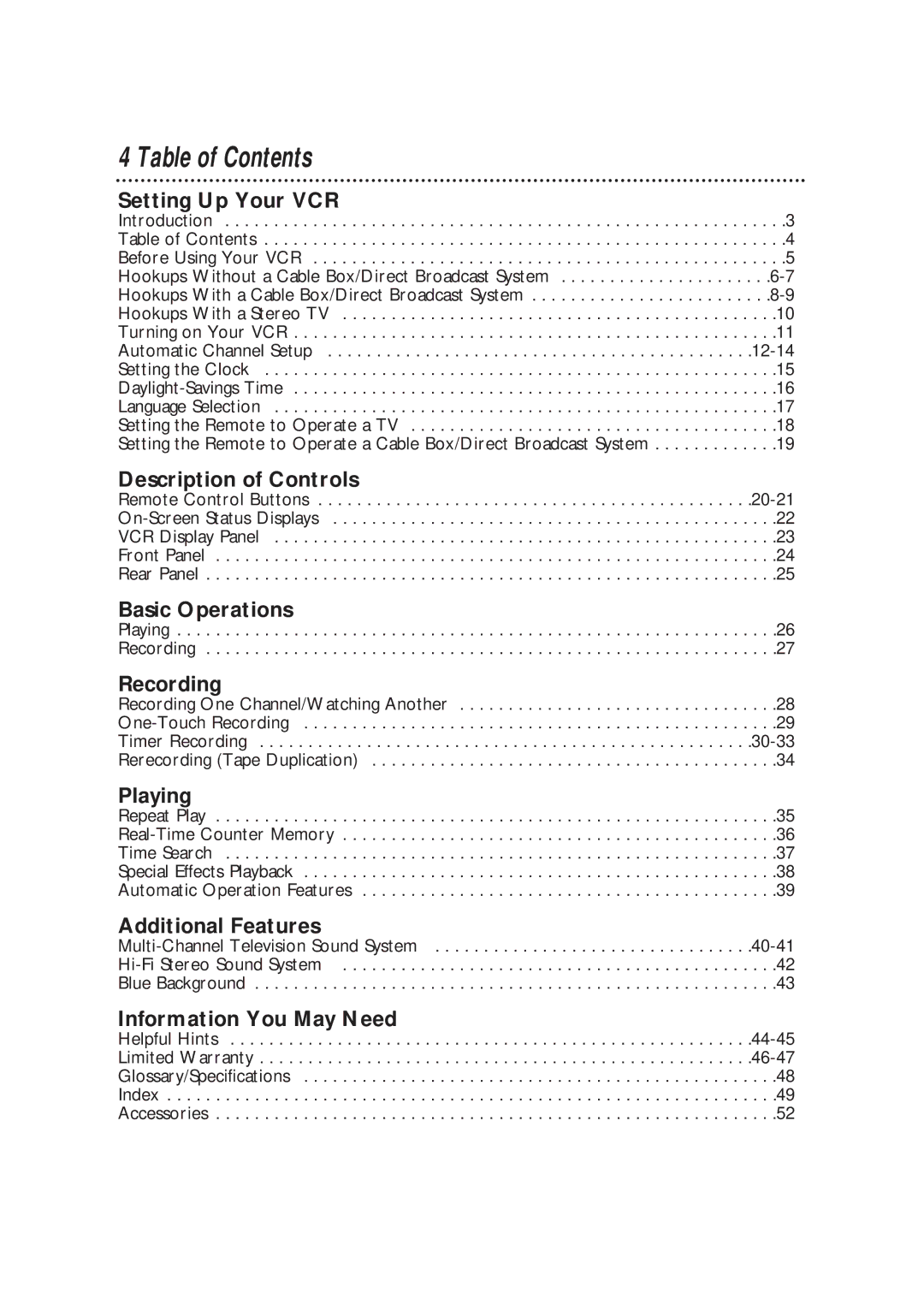 Magnavox VRC602MG owner manual Table of Contents 