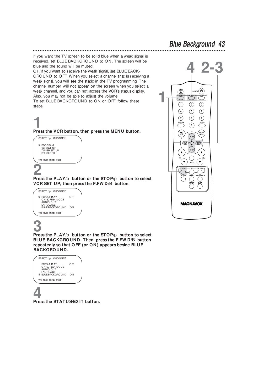 Magnavox VRC602MG owner manual Blue Background 