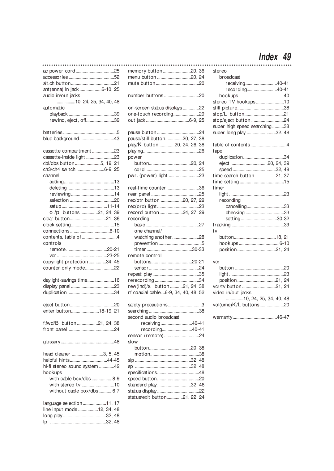 Magnavox VRC602MG owner manual Index, Automatic 