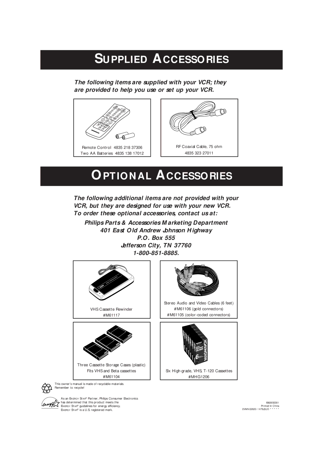 Magnavox VRC602MG owner manual Supplied Accessories 