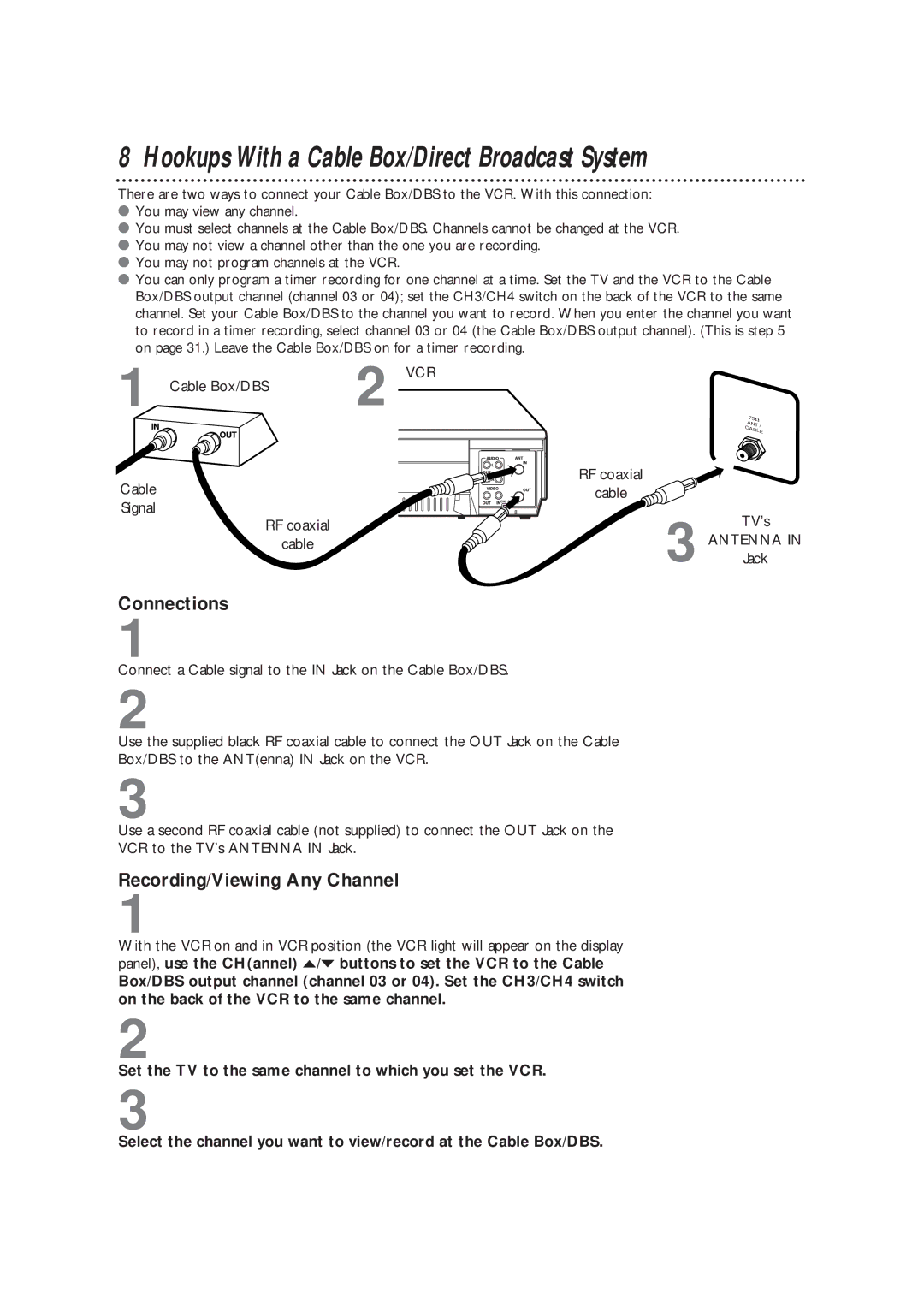 Magnavox VRC602MG owner manual Hookups With a Cable Box/Direct Broadcast System, Connections, Recording/Viewing Any Channel 