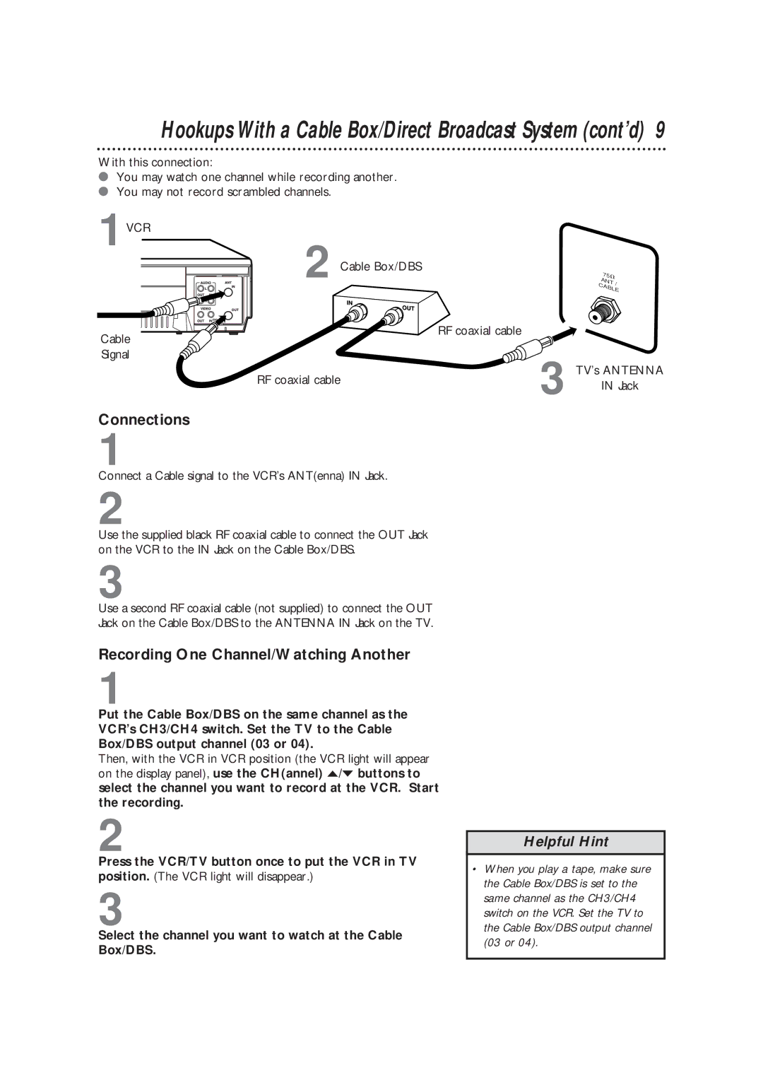 Magnavox VRC602MG Hookups With a Cable Box/Direct Broadcast System cont’d, Recording One Channel/Watching Another 