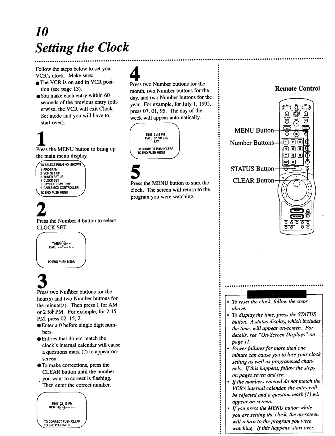 Magnavox VRT642 owner manual Setting the Clock, Menu Button, Status Button Clear Button, Clock SET 