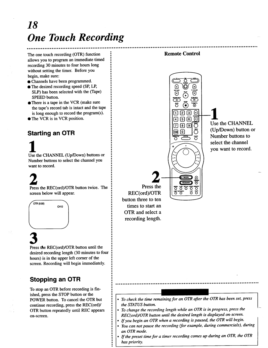 Magnavox VRT642 owner manual One Touch Recording, Starting an OTR, Stopping an OTR 