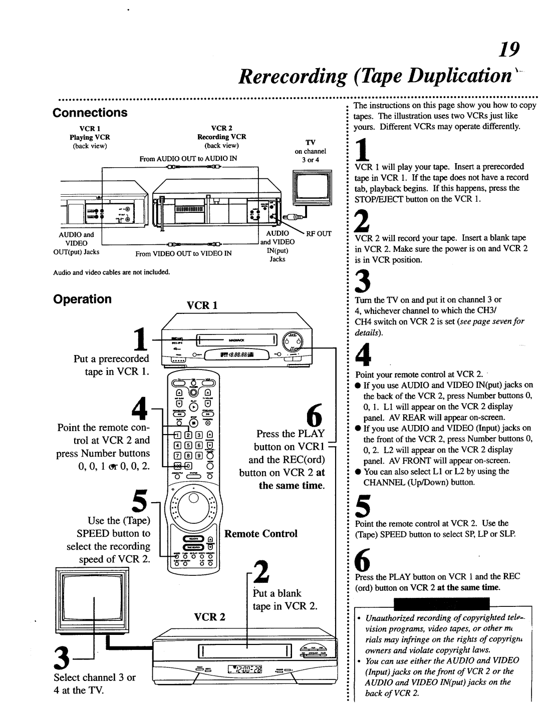 Magnavox VRT642 owner manual Rerecording Tape, Connections, Play, Speed 