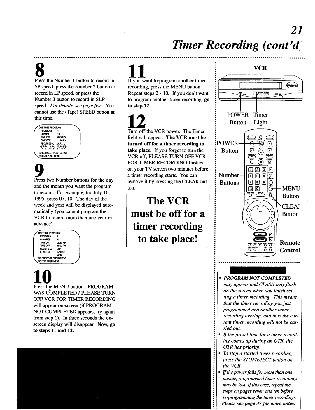 Magnavox VRT642 owner manual Timer Recording contd, Power Timer Button Light, Button E1 El, Buttons IE, Clea 