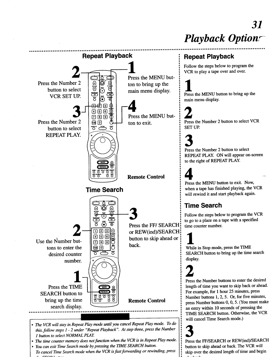 Magnavox VRT642 owner manual Playback Option, Repeat Playback, Time Search, Vcr Set 