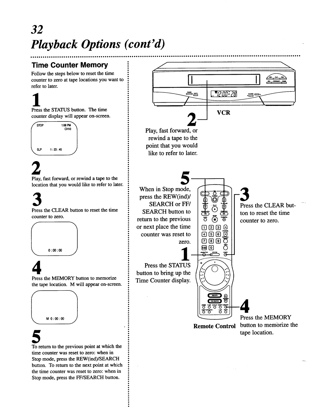 Magnavox VRT642 owner manual Playback Options contd, Time Counter Memory 