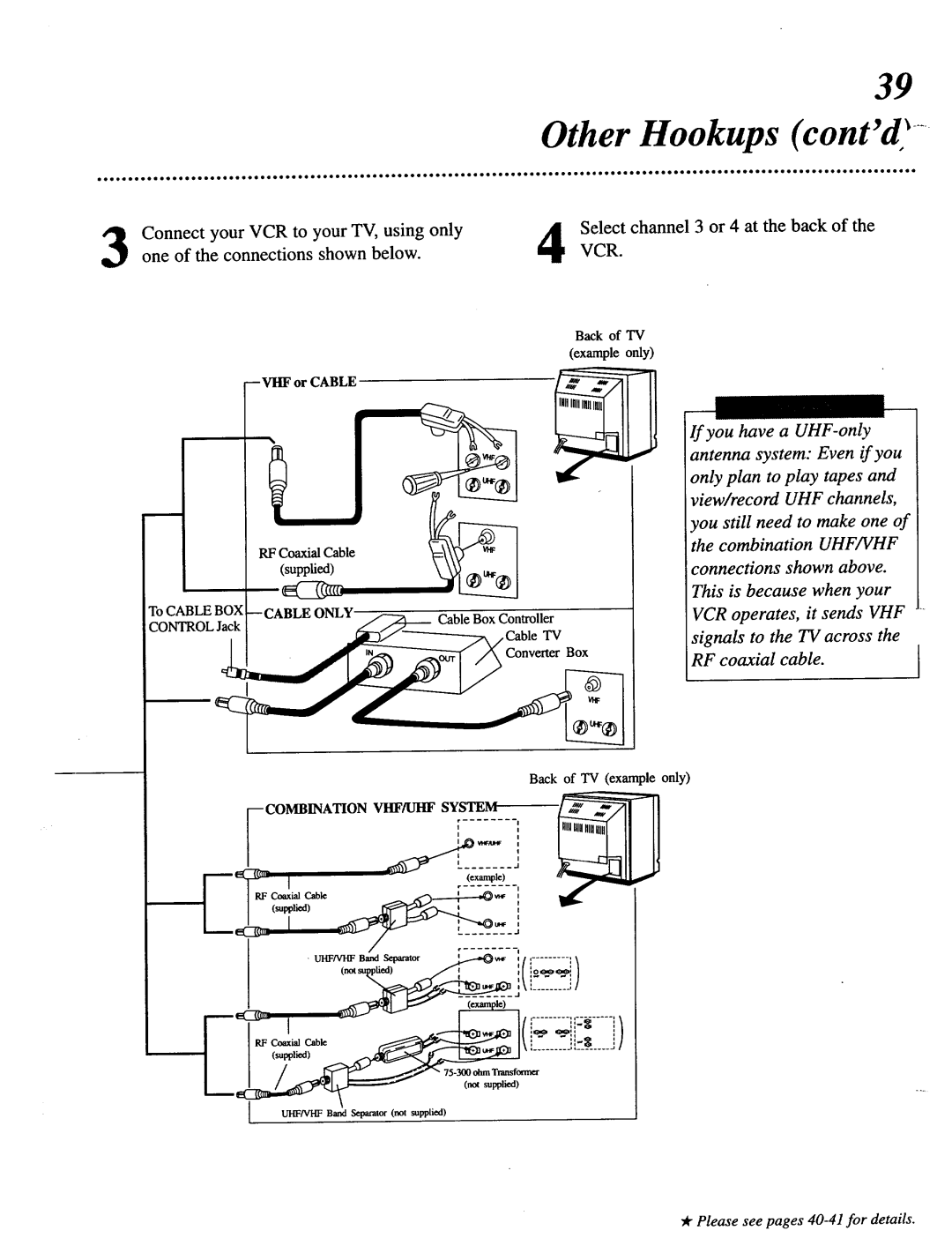 Magnavox VRT642 owner manual Other Hookups contd, Uhf/Vhf 