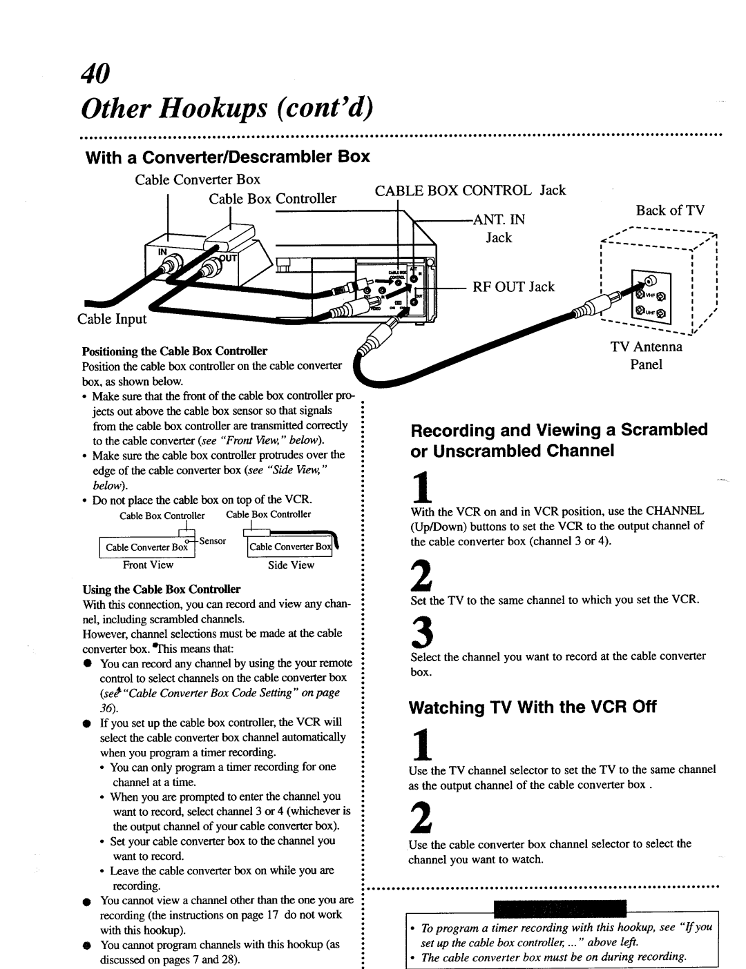 Magnavox VRT642 owner manual Other Hookups contd, With a Converter/Descrambler Box, Watching TV With the VCR Off, Ant 