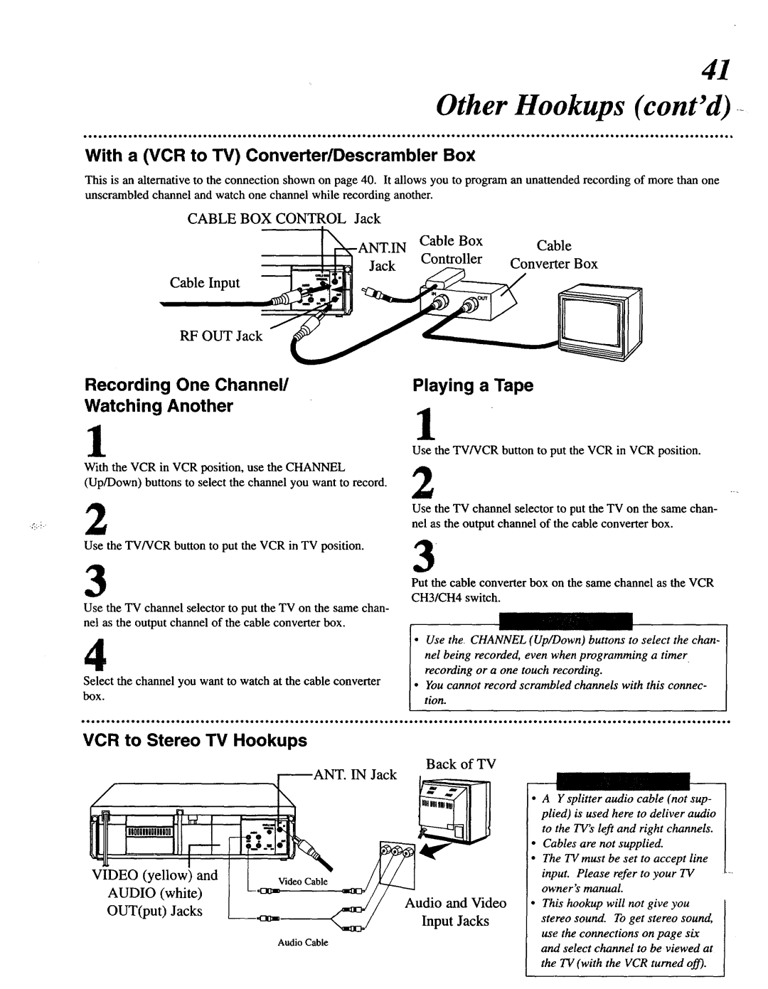 Magnavox VRT642 With a VCR to TV Converter/Descrambler BoX, Recording One Channel Watching Another, Playing a Tape 