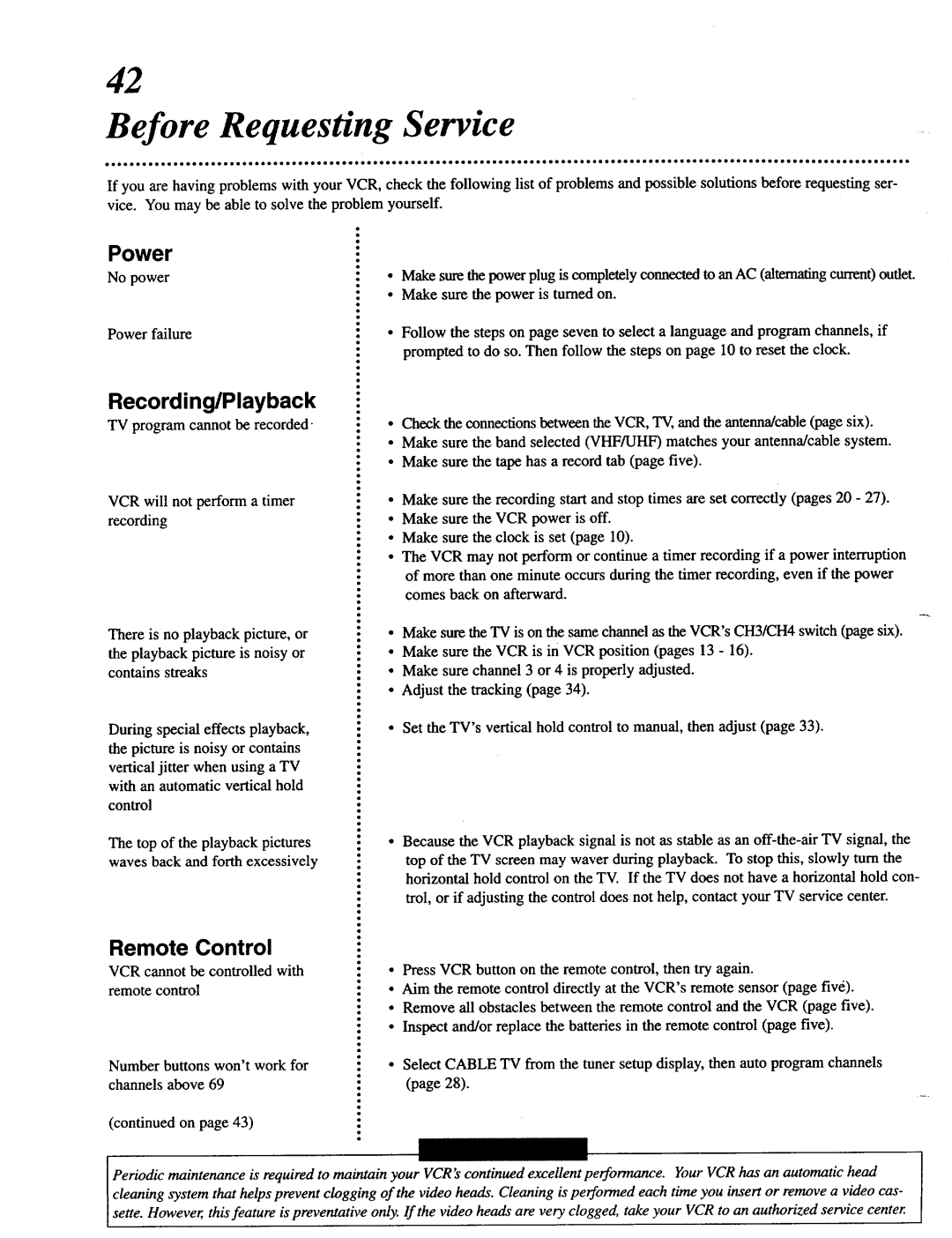 Magnavox VRT642 owner manual Before Requesting Service, Power, Recording/Playback, TVprogramcannotberecorded 