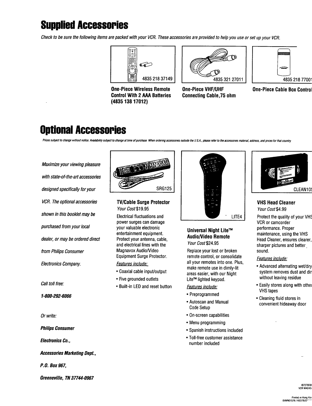 Magnavox VRT642 owner manual SuppliedAccessories 