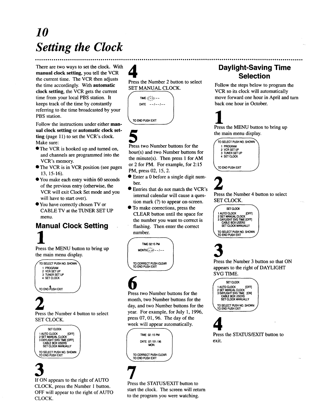 Magnavox VRU344AT Setting the Clock, Manual Clock Setting, Daylight-Saving Time Selection, SET Clock, SET Manual Clock 