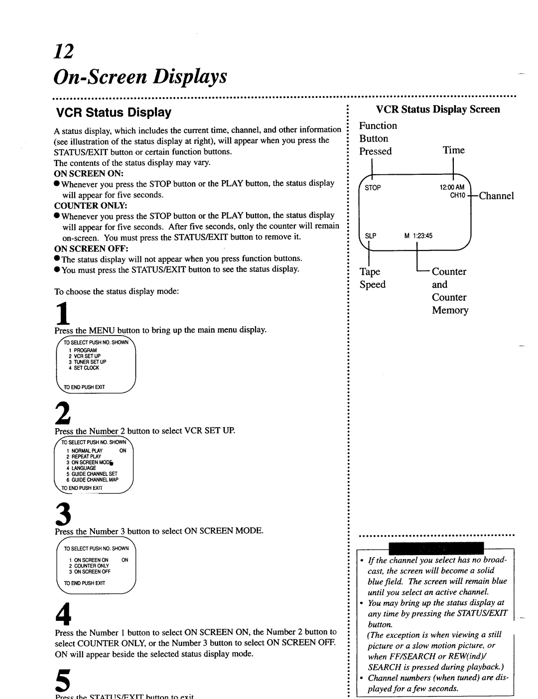 Magnavox VRU344AT manual On-Screen Displays, VCR Status Display Screen 