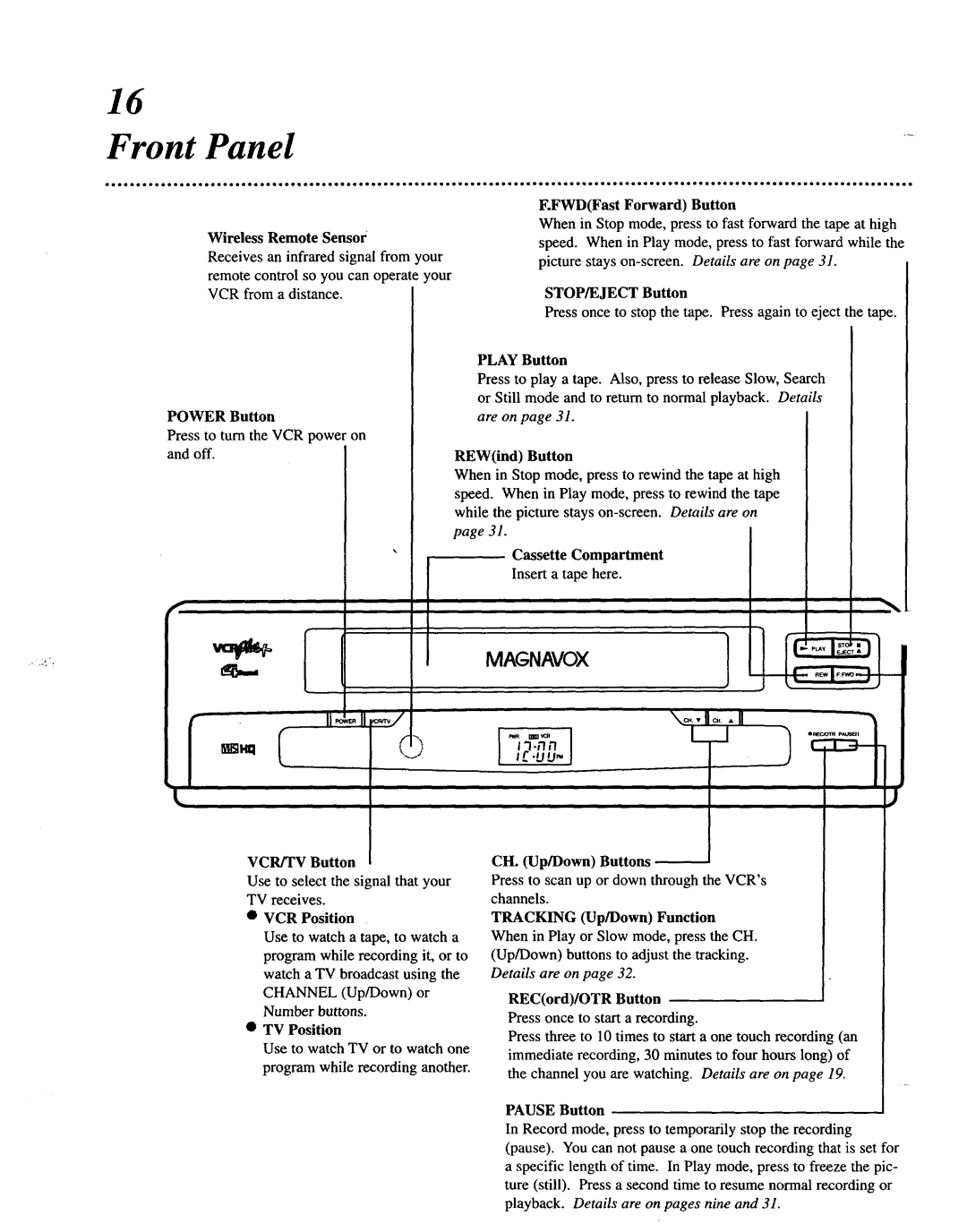 Magnavox VRU344AT manual Front Panel, Wireless Remote Sensor, Receives an infrared signal from your, Insert a tape here 