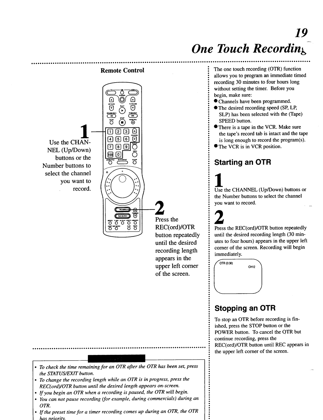 Magnavox VRU344AT manual One Touch Recording, Starting an OTR, Stopping an OTR 