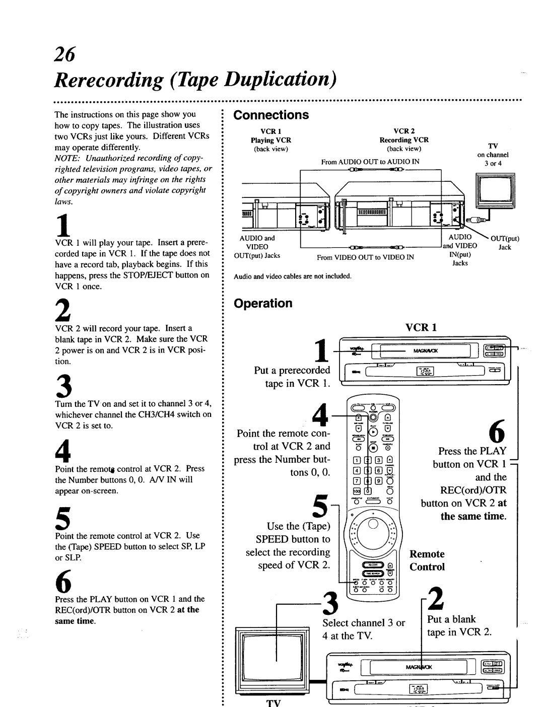 Magnavox VRU344AT manual Rerecording Tape Duplication, Connections, Operation 