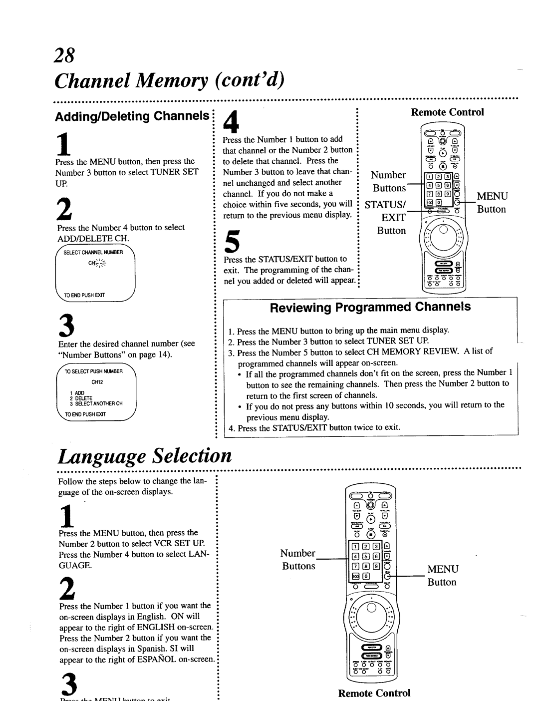 Magnavox VRU344AT Channel Memory, Language Selection, Adding/Deleting Channels, IReviewing Programmed Channels, Utton 