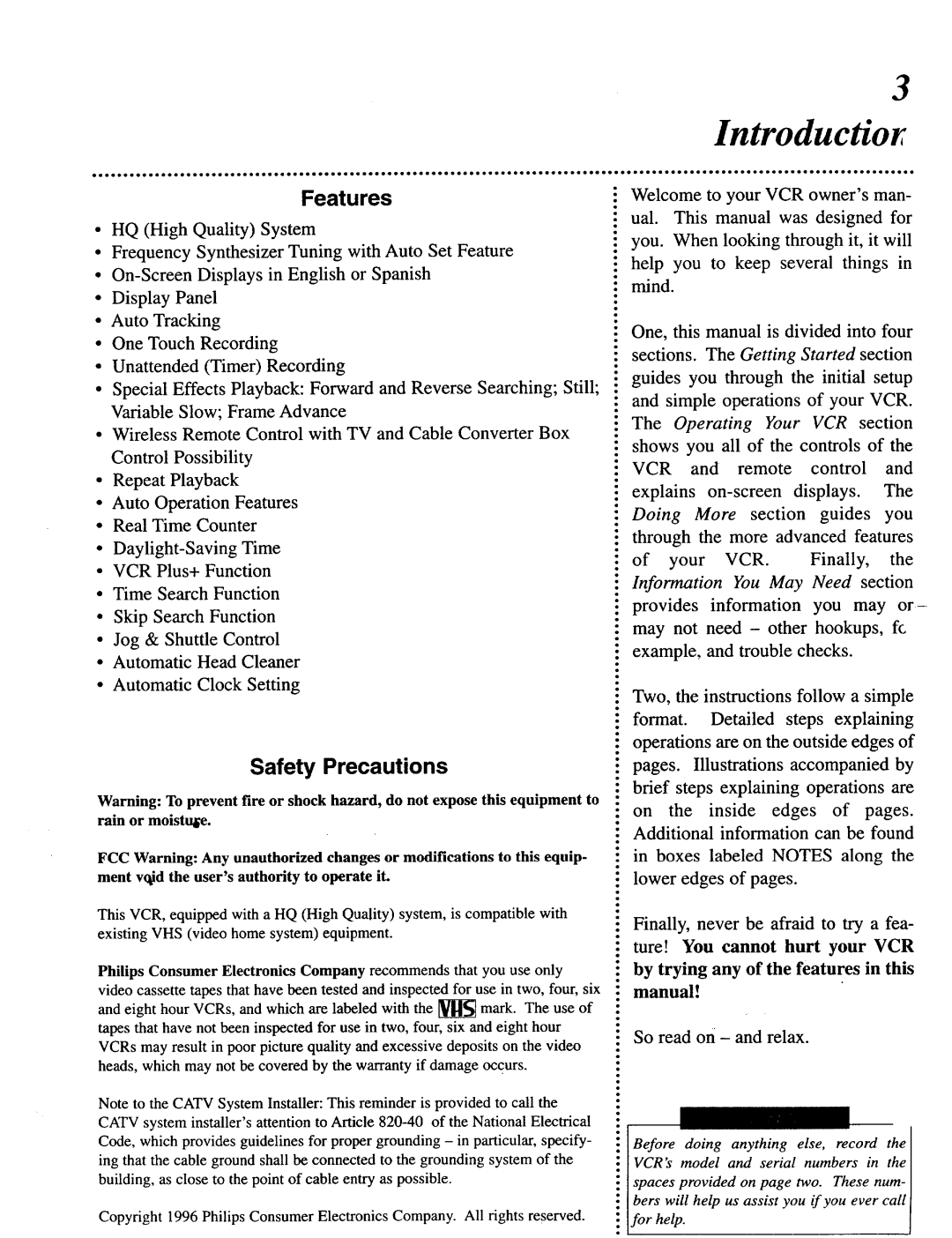 Magnavox VRU344AT manual Features, Safety Precautions, Auto Tracking 