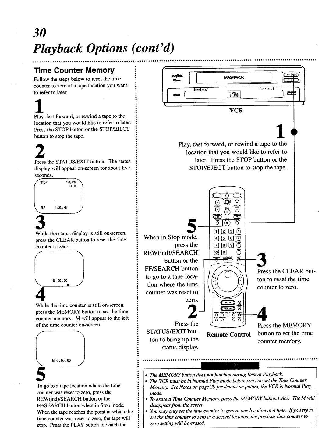 Magnavox VRU344AT manual Playback Options contd, Time Counter Memory, When in Stop Mode Press REWind/SEARCH, Reset Zero 