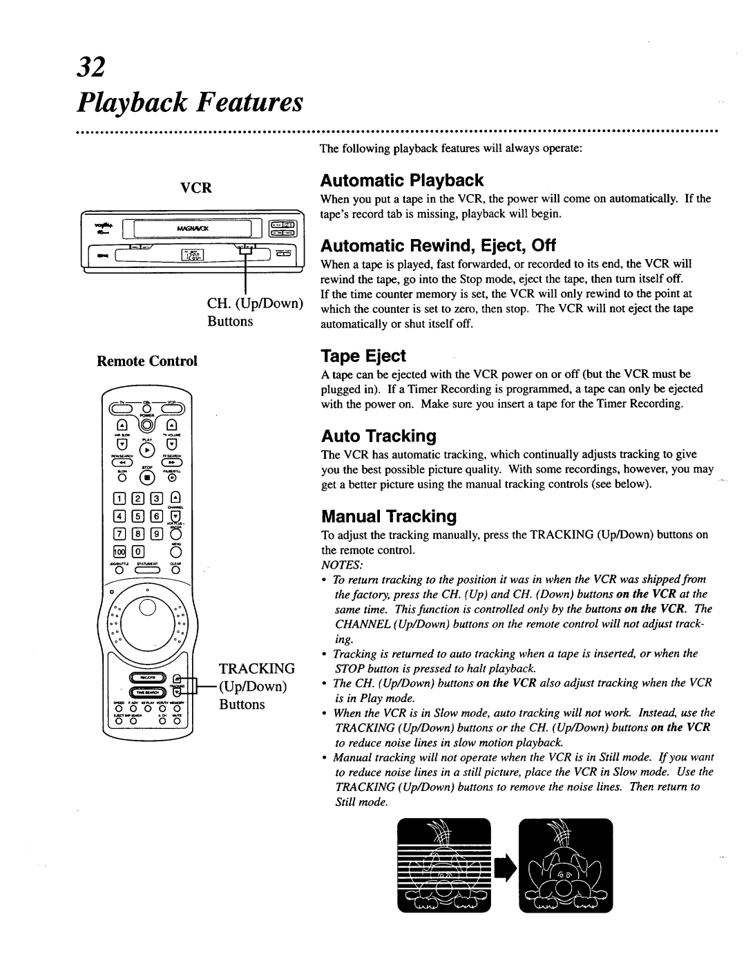 Magnavox VRU344AT manual Automatic Playback, Automatic Rewind, Eject, Off, Tape Eject, Auto Tracking, Manual Tracking 