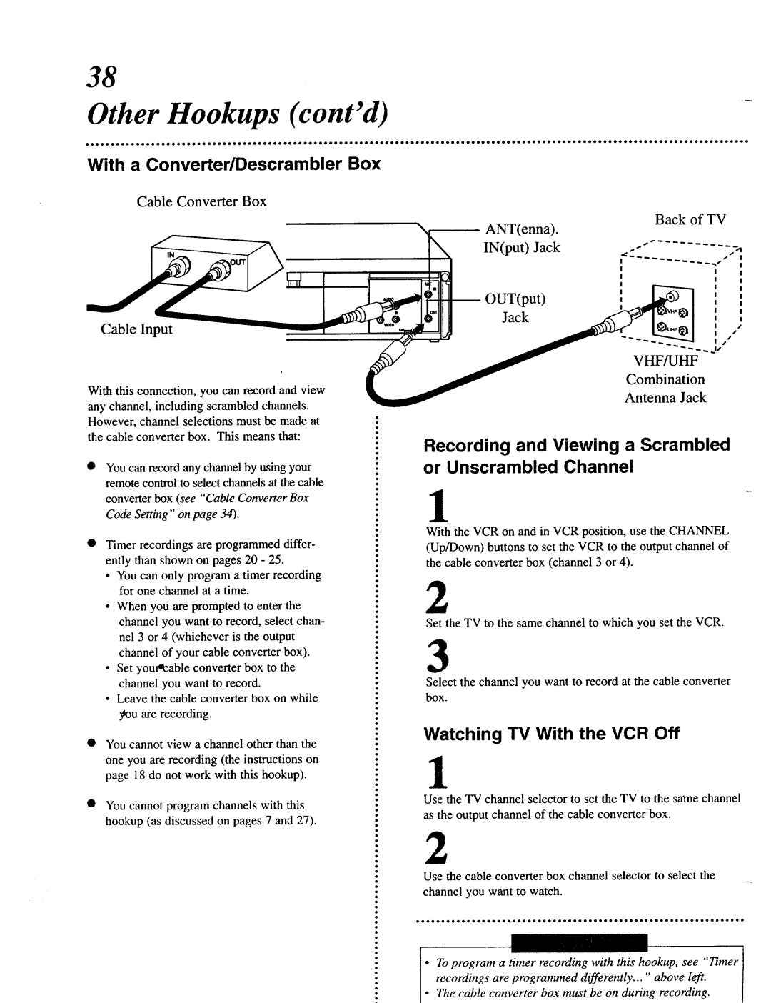 Magnavox VRU344AT manual With a Converter/Descrambler Box, Recording and Viewing a Scrambled or Unscrambled Channel 