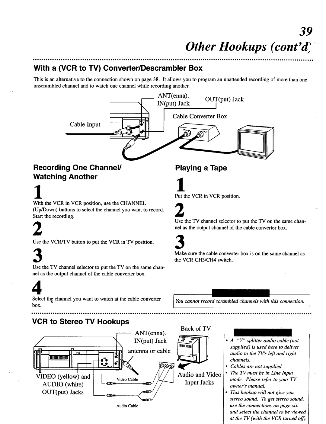 Magnavox VRU344AT manual With a VCR to TV Converter/Descrambler Box, Recording One Channel Watching Another, Playing a Tape 