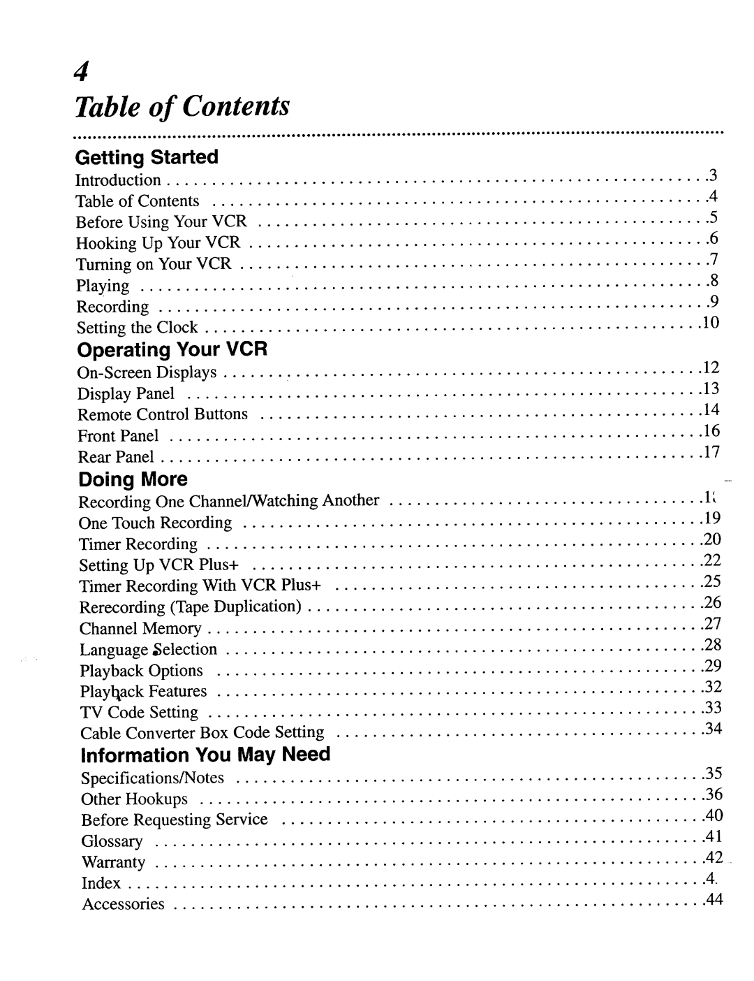 Magnavox VRU344AT manual Table of Contents 