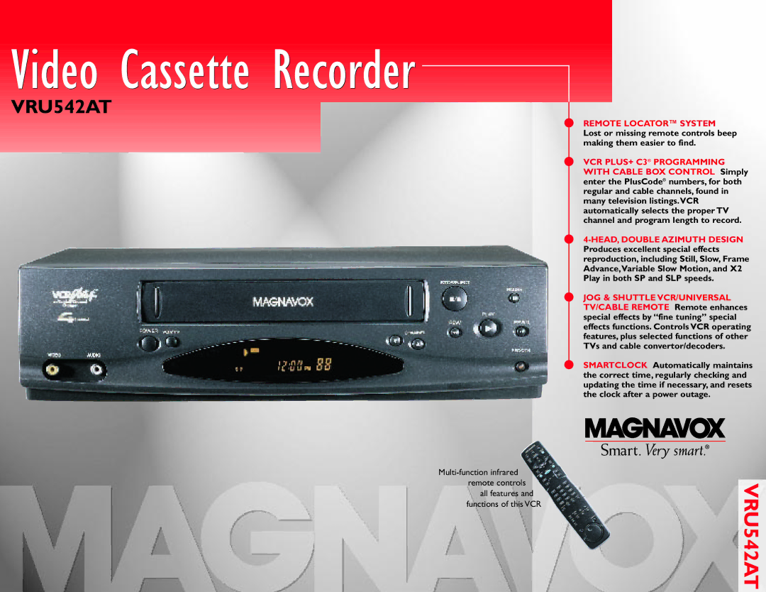 Magnavox VRU542AT manual Video Cassette Recorder 