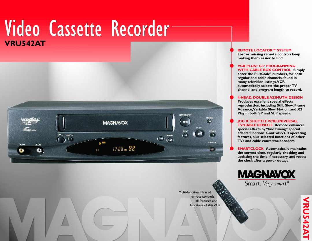 Magnavox VRU542AT manual Video Cassette Recorder 