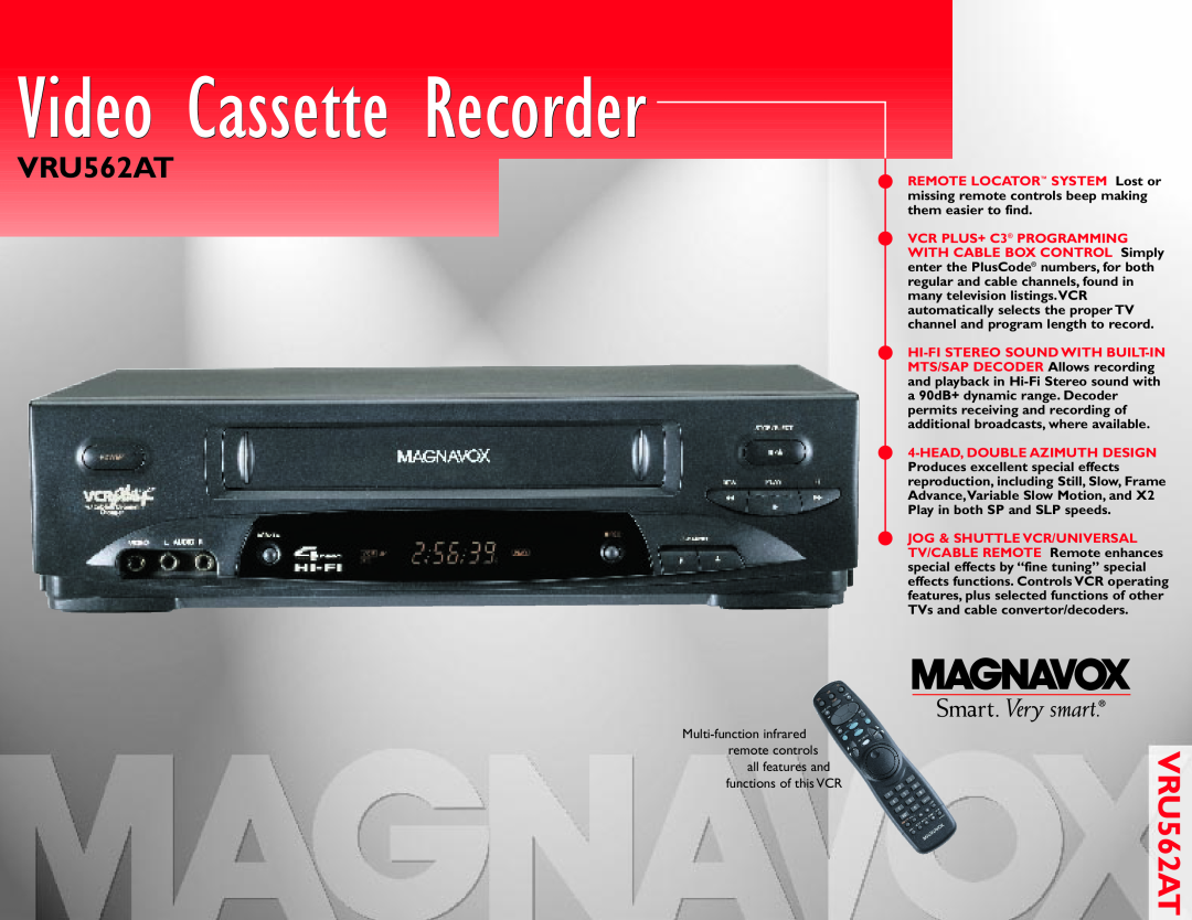 Magnavox VRU562AT manual Video Cassette Recorder 