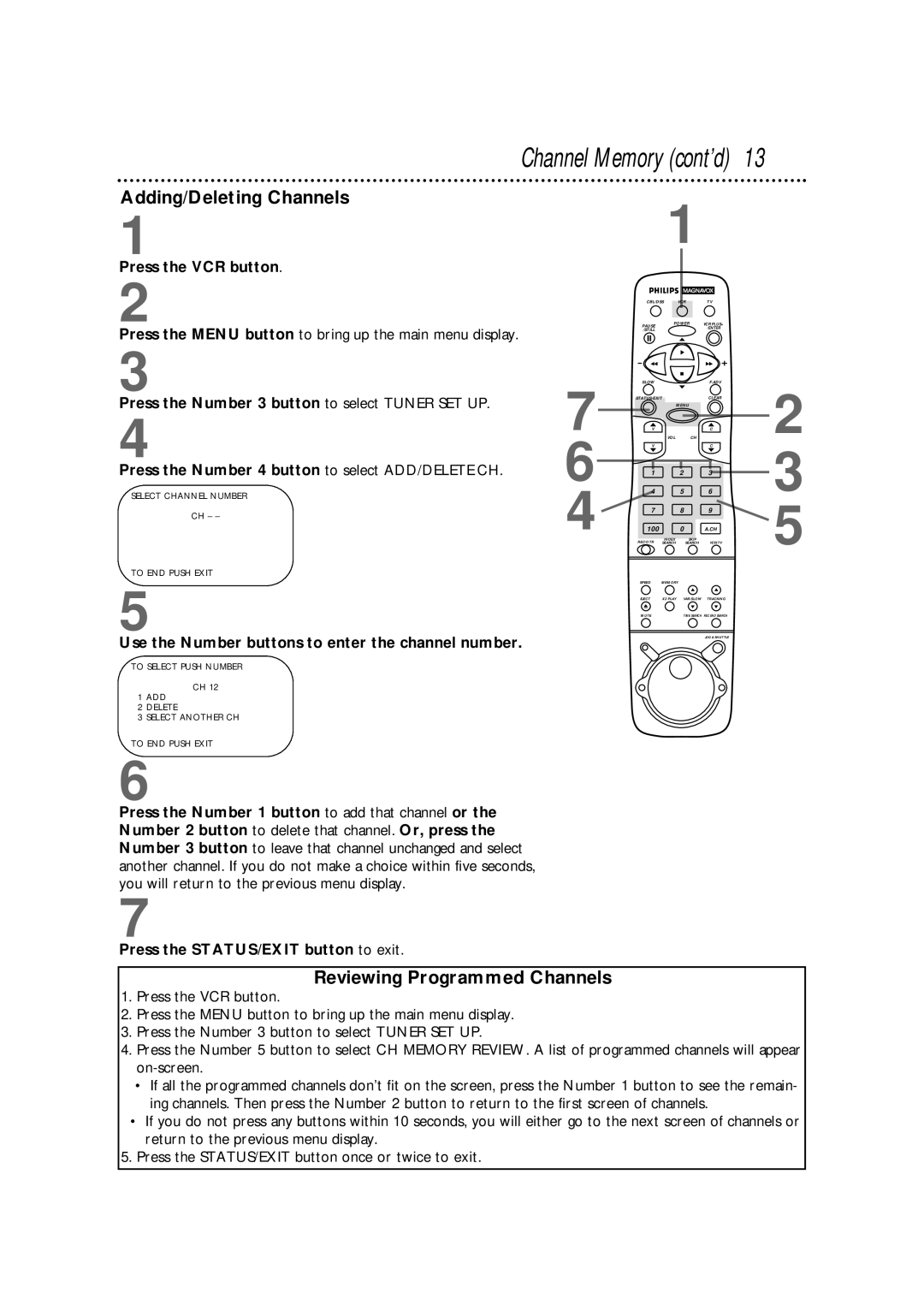 Magnavox VRX562AT99 warranty Channel Memory cont’d, Adding/Deleting Channels, Reviewing Programmed Channels 