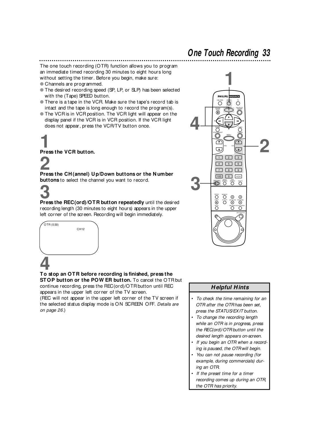 Magnavox VRX562AT99 warranty One Touch Recording 